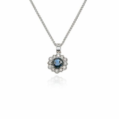 Necklaces & Pendants |   9Ct White Gold Sapphire And 0.12Ct Diamond Cluster Pendant Jewellery Necklaces & Pendants