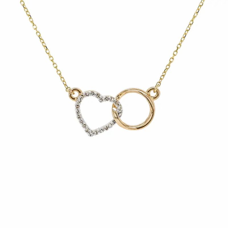 Necklaces & Pendants |   9Ct Yellow Gold Brilliant Cut Diamond Circle & Open Heart Pendant With Chain 18″ Jewellery Necklaces & Pendants