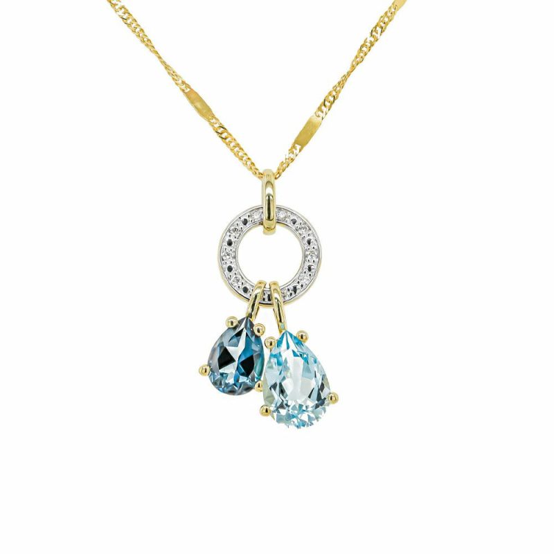 Necklaces & Pendants |   9Ct Yellow Gold Dark Blue And Sky Blue Topaz With Diamond Loop Pendant Jewellery Necklaces & Pendants