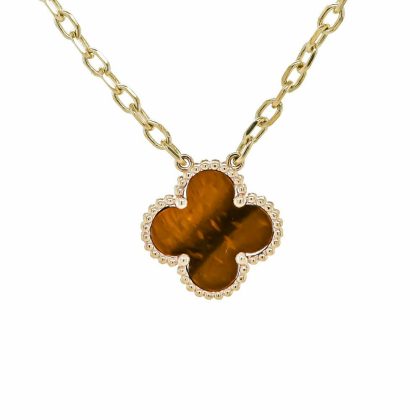 Necklaces & Pendants |   9Ct Yellow Gold Tigers Eye Four Leaf Clover Necklace Jewellery Necklaces & Pendants