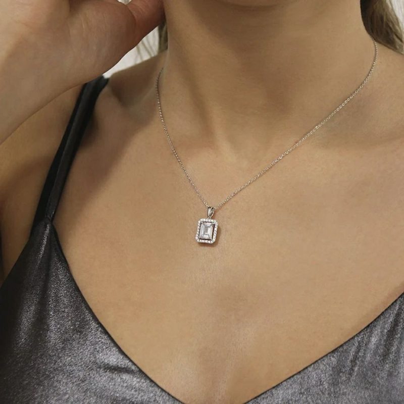 Necklaces & Pendants |   Silver Eton Emerald Cut Borderset Pendant – Cn925W-Eton Jewellery Necklaces & Pendants