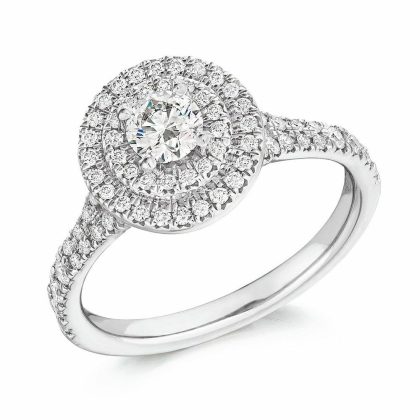 Rings |   Platinum Round Brilliant Double Halo Diamond Shoulder Ring .80Ct Jewellery Rings