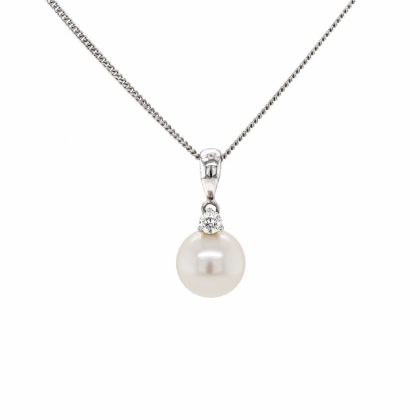 Necklaces & Pendants |   18Ct White Gold Cultured River Pearl & Diamond Pendant 8Mm Jewellery Necklaces & Pendants